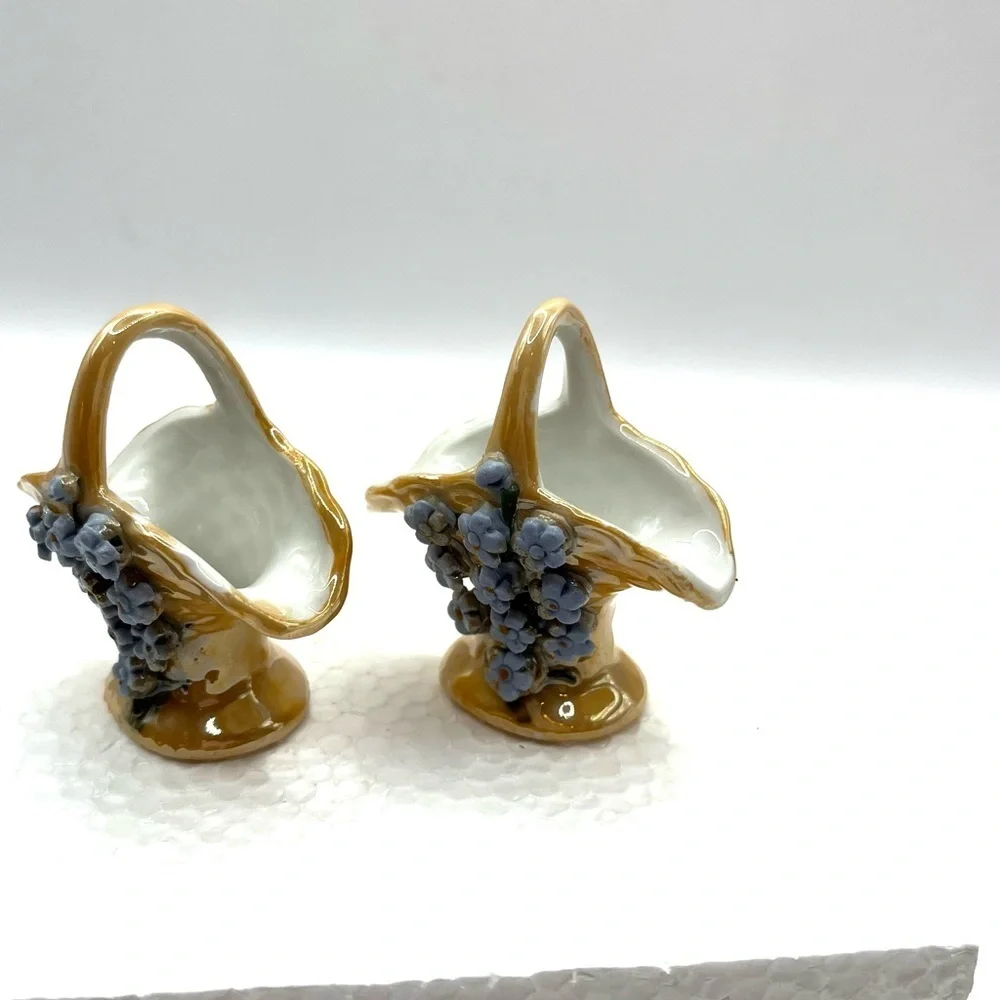 2 Vintage Elfinware Miniature Basket with Blue Flowers Made in Germany
